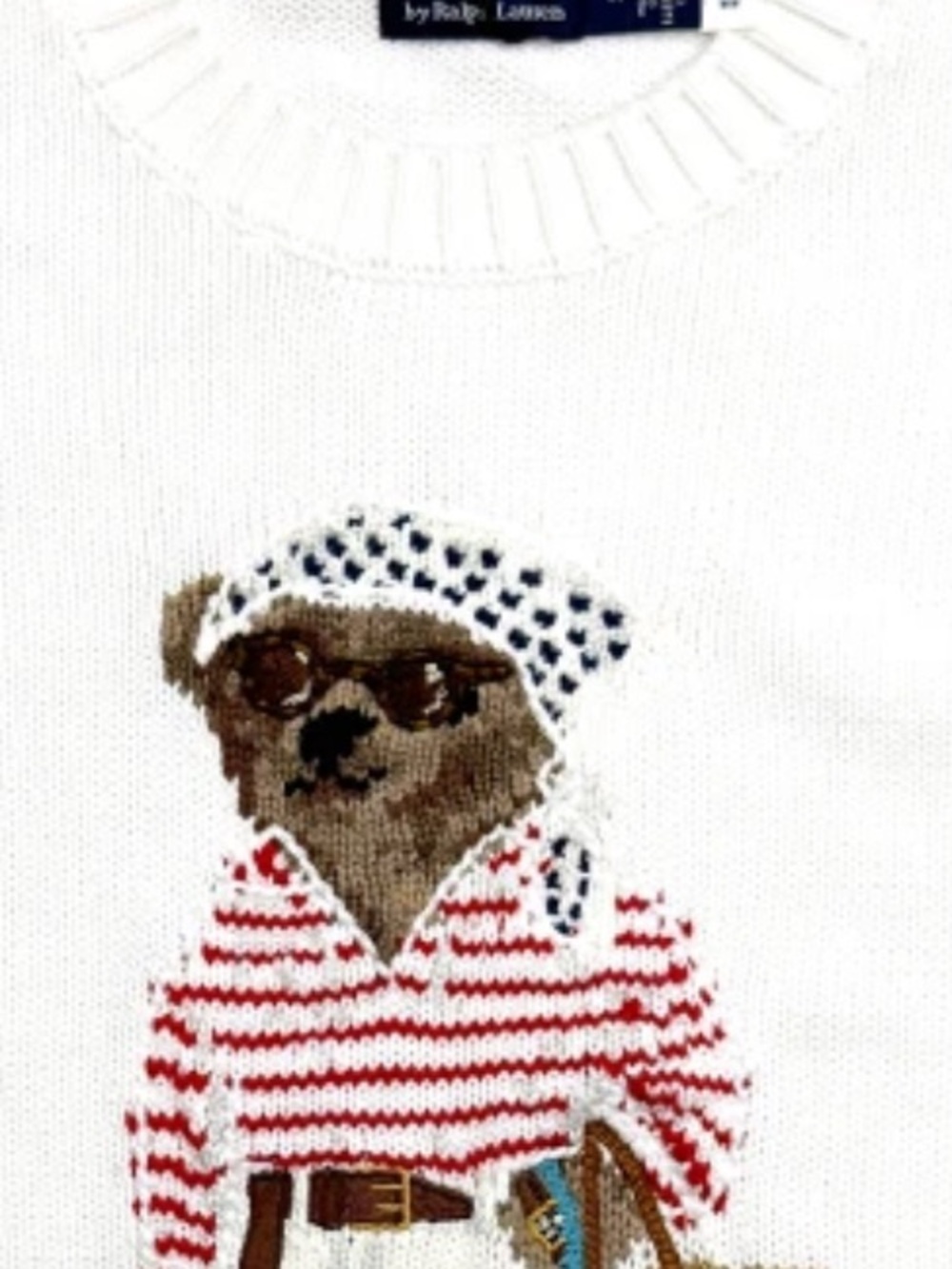 Polo by Ralph Lauren White Crewneck Sweater with Striped Bear Motif